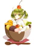  blush bowl cherry food fruit green_eyes green_hair hair_bobbles hair_ornament highres in_bowl in_container in_food kanako_(hiroko) kisume kiwifruit minigirl short_hair solo spoon touhou twintails 
