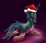  changeling christmas female feral friendship_is_magic green_eyes green_hair hair hat holidays legwear looking_at_viewer looking_back mrs1989 my_little_pony queen_chrysalis_(mlp) santa_hat smile socks solo stockings suggestive wings 