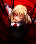  ;d black_dress blonde_hair blood chirigami-san darkness dress hair_ribbon head_tilt long_sleeves looking_at_viewer one_eye_closed open_mouth outstretched_arms perspective red_background red_eyes red_neckwear red_ribbon ribbon rumia shirt smile solo touhou white_shirt 