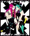  1girl braid green_hair jojo_no_kimyou_na_bouken kuujou_jolyne long_hair multicolored_hair nail_polish narciso_anasui pink_hair redlark_(r083) tattoo two-tone_hair yellow_eyes 