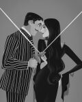  1boy 1girl addams_family commentary couple cowboy_shot dress eye_contact facial_hair gomez_addams greyscale hand_on_own_hip highres holding holding_sword holding_weapon janepicaart long_dress long_hair long_sleeves looking_at_another monochrome morticia_addams mustache profile short_hair simple_background smile suit sword symbol-only_commentary vertical-striped_suit weapon 