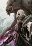  absurdres armor bad_id bad_pixiv_id blindfold cape crazat death_knight dress elf gloves highres long_hair monster pointy_ears skull spikes sword warcraft weapon white_hair world_of_warcraft 