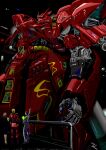  1girl 2024 2boys char&#039;s_counterattack char_aznable commentary_request dated energy_gun fake_screenshot gundam hangar kurashou_shumei machinery mecha military_uniform mobile_suit multiple_boys nanai_miguel neo_zeon original pointing redesign robot sazabi science_fiction spacecraft_interior weapon 