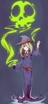  arantheus blonde_hair bottle hair_over_one_eye hat highres little_witch_academia looking_at_viewer non-web_source pale_skin poison red_eyes skull smile solo sucy_manbavaran witch_hat 