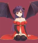  1girl bare_shoulders black_legwear bridal_gauntlets demon_girl detached_sleeves dress head_tilt horns kuroko_(piii) long_hair monster_girl navel original purple_hair red_eyes seiza sitting smile solo thighhighs wings zettai_ryouiki 