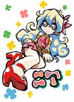  1girl armlet bracelet cloud_hair flower hair_flower hair_ornament high_heels highres jewelry long_hair lying multicolored_hair nia_teppelin parody shoes sketch skirt smile solo symbol-shaped_pupils tagro tengen_toppa_gurren_lagann two-tone_hair 