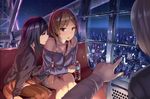  arm_holding bag bare_shoulders black_hair blush bottle brown_eyes brown_hair cityscape ferris_wheel ferris_wheel_interior handbag leaning_forward long_hair multiple_girls night night_sky open_mouth original pantyhose saku short_hair shorts sitting skirt sky water_bottle 