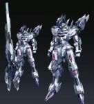  beam_cannon black_background clenched_hands commentary_request energy_cannon full_body gradient_background green_eyes grey_background gundam gundam_calibarn gundam_suisei_no_majo mecha mobile_suit mosiaz328 multiple_girls no_humans redesign robot science_fiction thrusters v-fin 