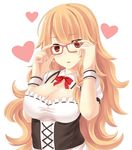  adjusting_eyewear bespectacled blonde_hair breasts brown_eyes cleavage detached_collar glasses heart highres kirisame_marisa large_breasts long_hair looking_at_viewer mizunashi_kenichi open_mouth parted_lips shiny shiny_skin shirt taut_clothes taut_shirt touhou upper_body wristband 