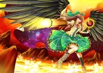  arm_cannon artist_name black_hair black_wings bow breasts cape dress hair_bow large_breasts long_hair molten_rock red_eyes reiuji_utsuho solo space_print starry_sky_print touhou villyane weapon wings 
