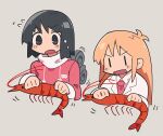  2girls adpx black_eyes black_hair blonde_hair blush coat cropped_torso ebi_mome_(meme) flying_sweatdrops grey_background highres jacket lab_coat long_hair looking_down meme multiple_girls necktie nichijou open_mouth pink_jacket pink_necktie professor_shinonome shinonome_nano short_hair shrimp simple_background upper_body white_coat winding_key |_| 