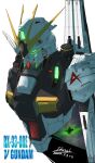 2024 asteroid axis_(gundam) char&#039;s_counterattack character_name commentary_request dated funnels_(gundam) glowing gun gundam highres iknsk machine_gun machinery mecha mecha_focus no_humans nu_gundam robot roundel signature space star_(sky) upper_body v-fin weapon 