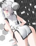  1girl absurdres ahoge ass bent_over black_panties blush breasts bun_cover china_dress chinese_clothes closed_mouth commentary_request double_bun dress from_behind grey_hair hair_between_eyes hair_bun hair_intakes highres huge_breasts kamioka_shun'ya looking_at_viewer looking_back original panties panties_visible_through_clothes purple_eyes shiori_(kamioka_shun'ya) short_dress side-tie_panties side_slit sideboob sideboob_cutout sleeveless sleeveless_dress solo string_panties underwear white_dress 