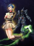  1girl belt blue_eyes blue_hair book boots chan_agi char&#039;s_counterattack commentary_request earth_federation fantasy ghost glowing gundam highres holding holding_book machinery mecha military_uniform miniskirt mobile_suit nu_gundam psycho_frame robot science_fiction skirt soichi_nagayuki space spoilers thrusters zero_gravity 