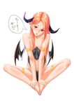  :o armband bad_id bad_pixiv_id barefoot butterfly_sitting demon_girl demon_wings fang feet hands_on_feet head_tilt highres horns legs long_hair looking_at_viewer nail_polish navel open_mouth orange_hair original pointy_ears red_eyes ruby-eye simple_background sitting slit_pupils solo thigh_strap toenail_polish toes white_background wings 