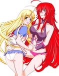 2girls antenna_hair asia_argento ass bare_shoulders blonde_hair blush breasts cleavage green_eyes hand_holding high_school_dxd highres large_breasts legs long_hair looking_at_viewer multiple_girls navel open_mouth panties red_hair rias_gremory simple_background skirt standing thighs underwear white_background white_panties 