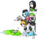  artist_request black_hair blue_hair chibi ermes_costello foo_fighters genderswap genderswap_(mtf) green_hair jojo_no_kimyou_na_bouken kuujou_jolyne multiple_girls narciso_anasui puddle short_hair watering_can 