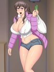  1girl breasts brown_hair cleavage curvy highres huge_breasts jacket milf solo tight yukijirushi_nyugyou 
