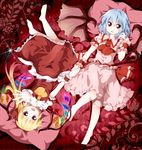  argyle argyle_background ascot barefoot bat_wings blonde_hair blue_hair cup dress drinking_glass flandre_scarlet glowing glowing_wings highres holding_hands laevatein looking_at_viewer lying multiple_girls on_back open_mouth outstretched_arm outstretched_hand pillow pink_dress puffy_sleeves red_dress red_eyes remilia_scarlet ruu_(tksymkw) short_sleeves siblings sisters smile spilling touhou upside-down wine_glass wings wrist_cuffs 
