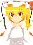  :&lt; bad_id bad_pixiv_id blonde_hair flandre_scarlet hat hat_ribbon highres looking_at_viewer mantarou_(shiawase_no_aoi_tori) pointy_ears red_eyes ribbed_sweater ribbon short_hair side_ponytail simple_background solo sweater touhou white_background wings 