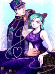  1girl black_hair blue_eyes blue_hair double_bun father_and_daughter hat highres jojo_no_kimyou_na_bouken kuujou_jolyne kuujou_joutarou long_coat midriff stone_ocean string xxb-starxx 