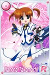  armor blue_eyes brown_hair dress fingerless_gloves gloves hair_ribbon higa_yukari looking_at_viewer lyrical_nanoha magic_circle magical_girl mahou_senki_lyrical_nanoha_force mahou_shoujo_lyrical_nanoha_innocent raising_heart ribbon skirt smile solo strike_cannon takamachi_nanoha twintails weapon white_dress wings 