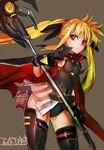  :&lt; belt black_legwear blonde_hair fate_testarossa gloves grey_background highres leotard long_hair lyrical_nanoha mahou_shoujo_lyrical_nanoha pleated_skirt red_eyes simple_background sketch skirt solo staff taishi_(picchiridou) thighhighs twintails weapon 