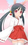  :&lt; animal_ears bell black_hair bunny_ears ha-ru hair_ribbon hakama highres hikimayu japanese_clothes jingle_bell long_hair miko original red_eyes red_hakama ribbon sleeves_past_wrists solo thighhighs twintails zettai_ryouiki 