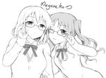  bad_id bad_pixiv_id copyright_request glasses greyscale long_hair monochrome multiple_girls one_eye_closed peach_(momozen) school_uniform short_hair 