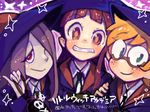  brown_hair drawr freckles girl_sandwich glasses hair_over_one_eye hat kagari_atsuko little_witch_academia lotte_jansson monokuro69 multiple_girls orange_hair pale_skin purple_hair sandwiched smile sucy_manbavaran witch witch_hat 