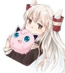  1girl 1other amatsukaze_(kantai_collection) brown_eyes creatures_(company) crossover dress game_freak gen_1_pokemon hair_tubes hat hug jigglypuff kantai_collection long_hair mini_hat nintendo pokemon pokemon_(creature) sailor_dress silver_hair simple_background two_side_up u_yuz_xx upper_body white_background windsock 
