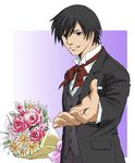  black_eyes black_hair bouquet bow bowtie darker_than_black flower formal hei male_focus micchy19 outstretched_hand smile solo tuxedo 