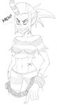  bare_shoulders breasts chain cuffs fingernails giantess greyscale grin groin highres horn john_grave large_breasts long_hair midriff monochrome navel pointy_ears ponytail prison_clothes scar scythana shackles sharp_teeth skullgirls smile solo teeth toned 