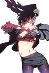  bad_id bad_pixiv_id black_hair bra breasts heterochromia lace lace_bra long_hair medium_breasts midriff navel open_clothes original pantyhose pointy_ears ribs rururara solo underwear 