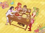  4girls anna_(fire_emblem) apron artist_request black_hair blush brown_hair cake chiki_(fire_emblem) cooking fire_emblem fire_emblem:_kakusei food gaia_(fire_emblem) green_hair multiple_girls my_unit my_unit_(fire_emblem:_kakusei) pointy_ears ponytail red_eyes red_hair say'ri 