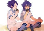  bad_id bad_pixiv_id eating inazuma_eleven_(series) inazuma_eleven_go kishibe_taiga male_focus multiple_boys purple_hair sitting soccer_uniform sportswear tokio_neo white_background 