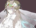  bow braid brown_hair earrings flower head_wreath highres horns jewelry kai28 long_hair original purple_eyes solo veil 