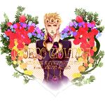  blonde_hair braid bug daisy floral_background flower giorno_giovanna green_lipstick hand_on_own_cheek insect jojo_no_kimyou_na_bouken konoyasoul ladybug lipstick long_sleeves looking_at_viewer makeup male_focus red_flower red_rose rose solo text_focus yellow_eyes 