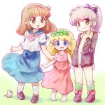  3girls :d :q barefoot blonde_hair blue_eyes blush bow brown_eyes brown_hair dress hair_bow hairband long_hair long_sleeves multiple_girls nanako_(nanako_sos) nanako_sos neckerchief nekoyama_mia ochamegami_monogatari_korokoro_pollon open_mouth pink_bow pollon ponytail sakurabe_notos school_uniform scrap_gakuen serafuku shirt shoes short_hair skirt smile socks standing tongue tongue_out 