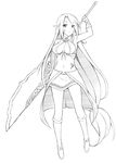  bad_id bad_pixiv_id bare_shoulders copyright_request greyscale long_hair midriff monochrome peach_(momozen) pointy_ears solo sword weapon 