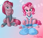  blue_eyes brian_mcpherson cheerleader clothing dual_persona duality duo equine female feral friendship_is_magic hair horse leg_warmer legwear mammal my_little_pony pink_hair pinkamena_(mlp) pinkie_pie_(mlp) pom_poms pony smile square_crossover suggestive wristband 
