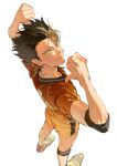  1boy armband arms_up atie1225 brown_hair closed_mouth collared_shirt commentary haikyuu!! highres male_focus multicolored_hair nishinoya_yuu pointing pointing_at_self shirt shorts simple_background smile solo sportswear streaked_hair symbol-only_commentary volleyball_uniform white_background white_footwear yellow_eyes 