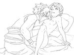  1girl bed_sheet blush breast_sucking breasts closed_eyes clothed_male_nude_female couple earrings fingering greyscale hetero ilia_(zelda) jewelry lineart link monochrome nipples nude pillow pointy_ears sheet_grab short_hair small_breasts soraaya_giima the_legend_of_zelda the_legend_of_zelda:_twilight_princess 