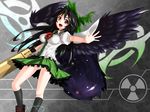  arm_cannon black_hair cape dangan_neko galaxy hair_ribbon highres long_hair open_mouth outstretched_arm panties pantyshot pantyshot_(standing) radiation_symbol red_eyes reiuji_utsuho ribbon skirt smile solo standing star_(sky) third_eye touhou underwear weapon white_panties wings 