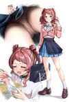  1girl =_= absurdres bag blazer blue_overskirt blue_ribbon blue_skirt blush brown_hair brown_jacket eating full_body gakuen_idolmaster hanami_saki hatsuboshi_gakuen_school_uniform highres idolmaster jacket mtu_virus multiple_views neck_ribbon nissin_raoh pleated_skirt ribbon school_bag school_uniform shirt skirt smile srk-8686 white_shirt 