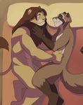  anthro balls bed biceps black_nose brown_fur brown_hair chest_tuft couple cuddling duo eyes_closed feline flaccid fur gay grin hair hug interspecies jailbird lion lying male mammal muscles nude on_side pecs penis pink_nose raccoon sheath smile tan_fur tuft 