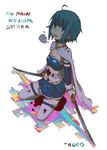  blood blue_eyes blue_hair cape dual_wielding english highres holding injury kneeling magical_girl mahou_shoujo_madoka_magica miki_sayaka short_hair skirt solo sword tagro tears thighhighs weapon 