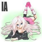  blue_eyes boots braid character_name ia_(vocaloid) long_hair lying off_shoulder on_stomach single_thighhigh skirt solo t2r thigh_strap thighhighs twin_braids vocaloid white_hair 