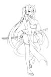  bad_id bad_pixiv_id copyright_request greyscale horns long_hair monochrome peach_(momozen) pointy_ears solo sword thighhighs twintails weapon 