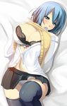  bed_sheet black_bra black_legwear blue_eyes bra breasts cleavage condom highres large_breasts lying mouth_hold on_back open_mouth original panties shiki_(psychedelic_g2) shirt shirt_lift short_hair skirt smile solo sweater_vest thighhighs underwear white_panties 